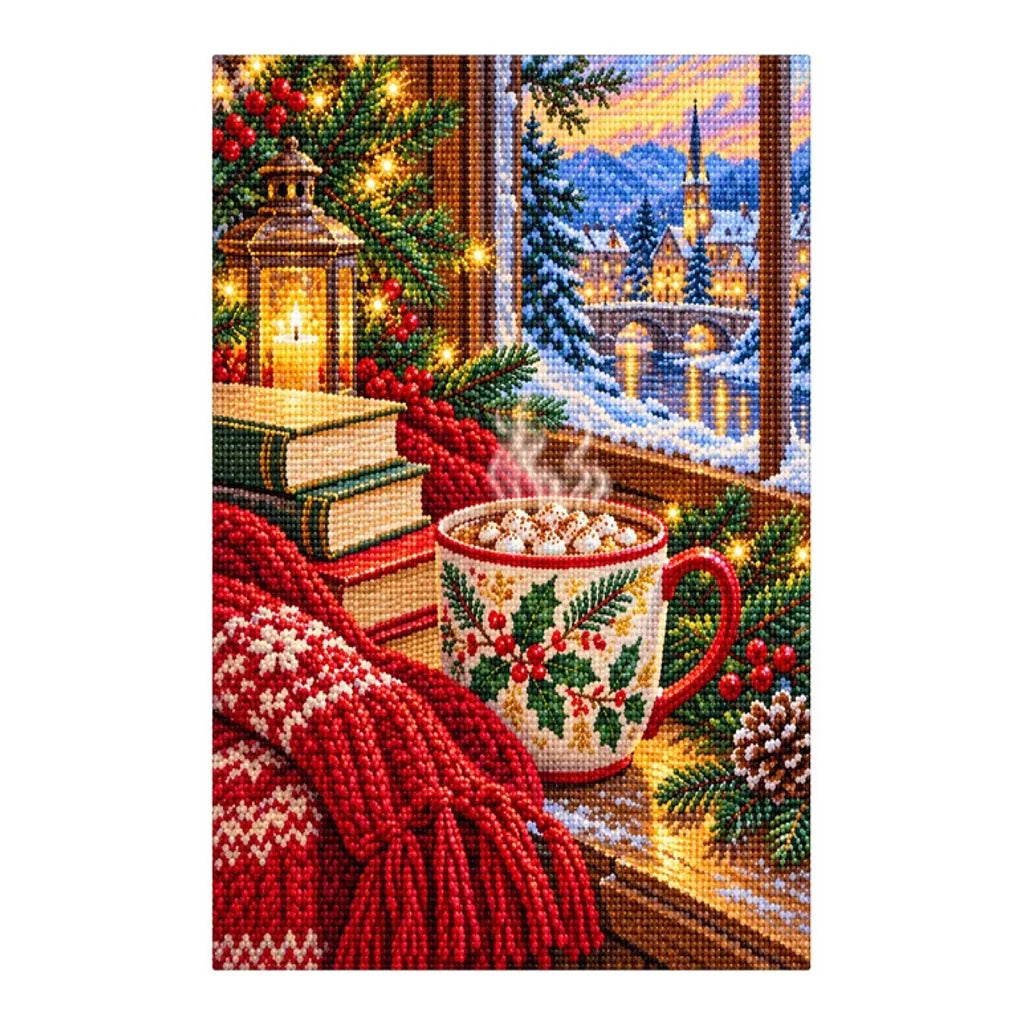 White-background finished diamond painting of Books and Cocoa.