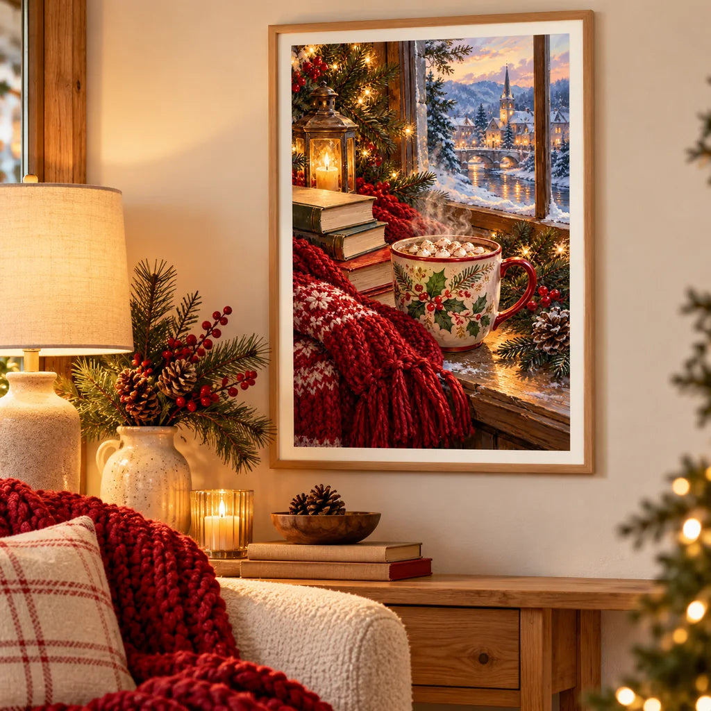 Framed Books and Cocoa diamond painting displayed as home decor.