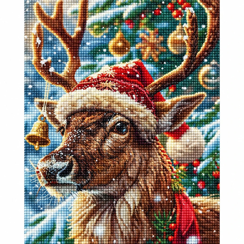 Festive Reindeer Portrait Diamond Painting Kit finished diamond artwork on white background