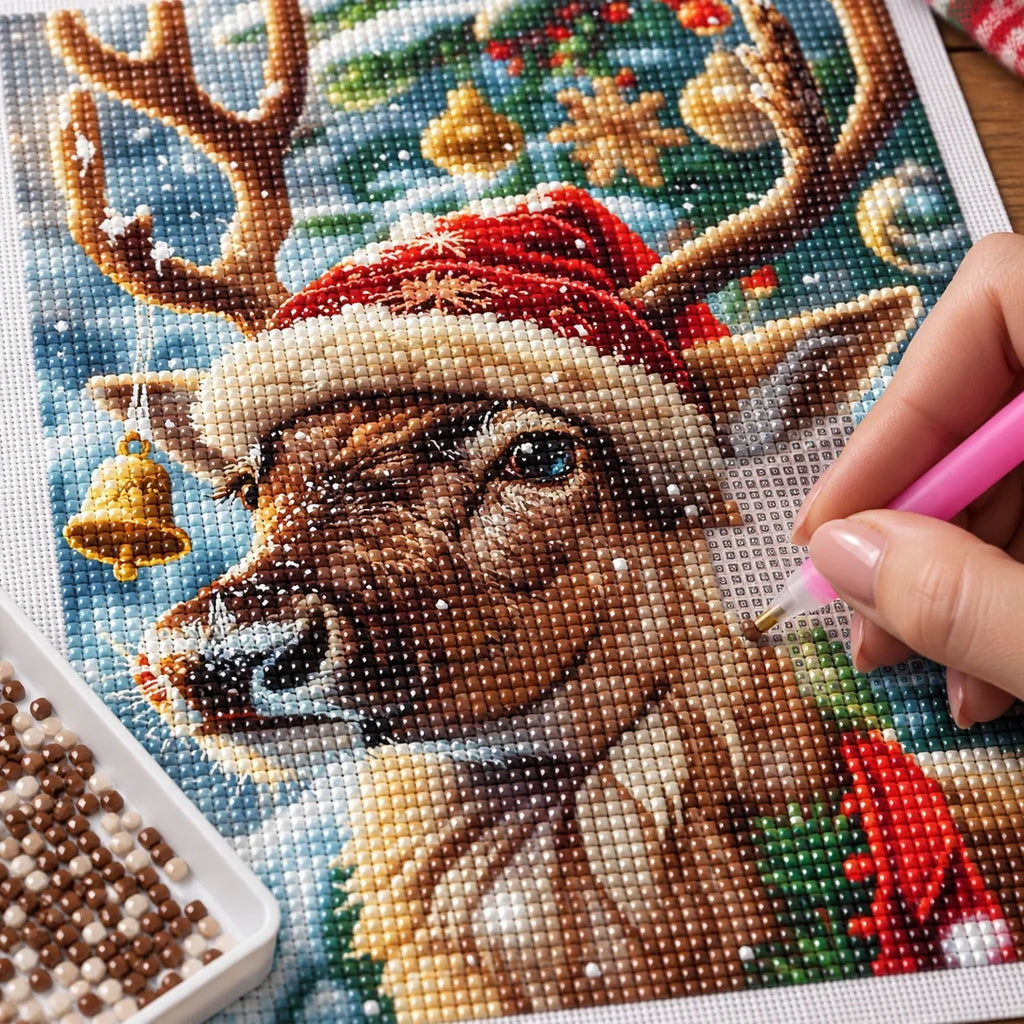 Festive Reindeer Portrait Diamond Painting Kit process