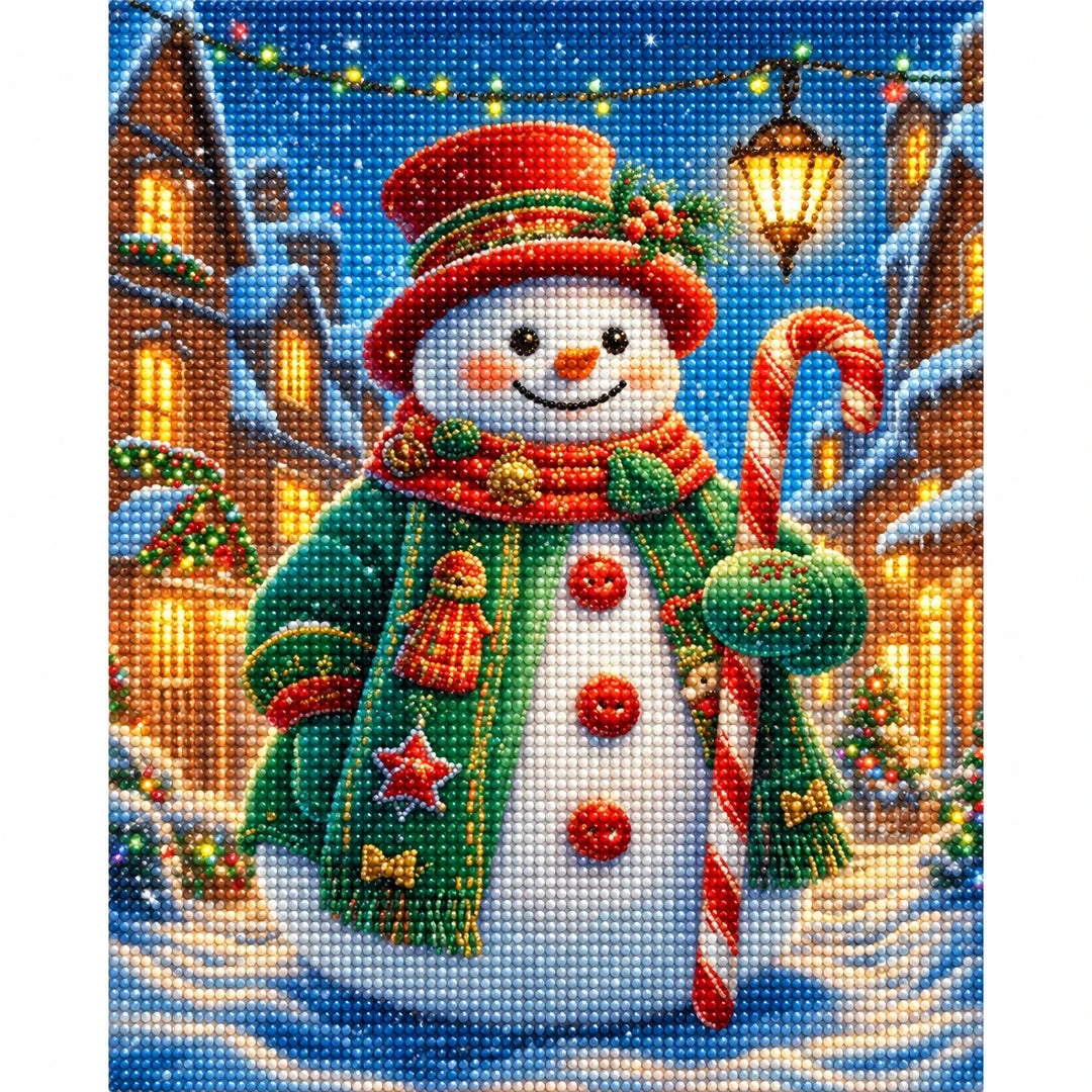 Festive Snowman Lights Diamond Painting Kit finished diamond artwork on white background