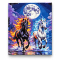 Fire and Ice Horses under the Full Moon paint by numbers artwork on a front-facing canvas against a white background