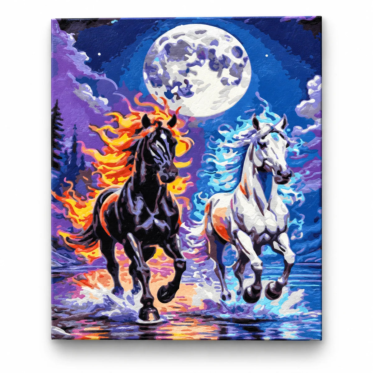 Fire and Ice Horses under the Full Moon paint by numbers artwork on a front-facing canvas against a white background