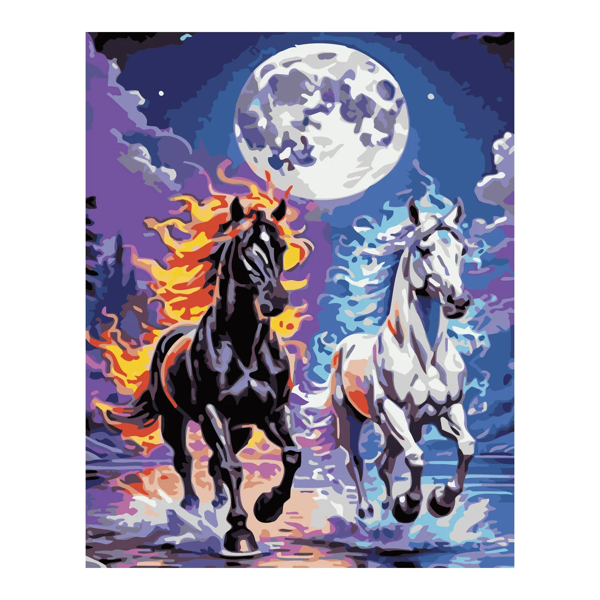 Fire and Ice Horses under the Full Moon completed artwork on a clean white background