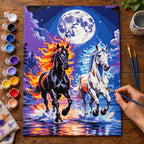 Complete Fire and Ice Horses under the Full Moon numbered canvas being painted with acrylic paints and brushes