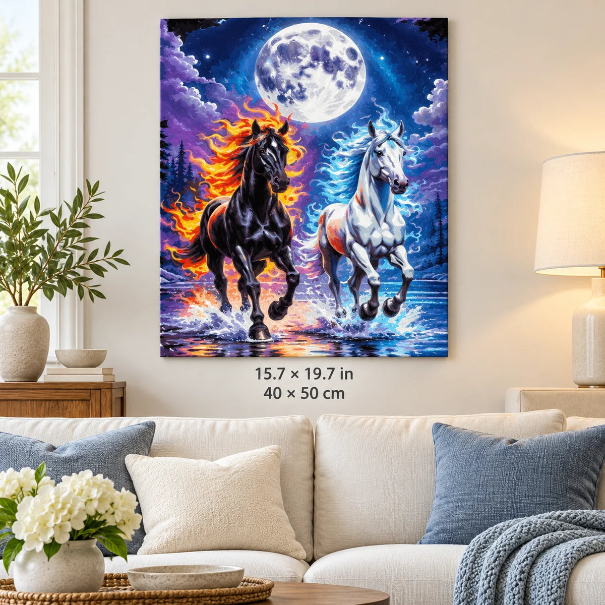 Fire and Ice Horses under the Full Moon shown in a styled room with 15.7 × 19.7 in and 40 × 50 cm dimensions