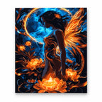 Fire and Water Fairy with Golden Wings paint by numbers artwork on a front-facing canvas against a white background
