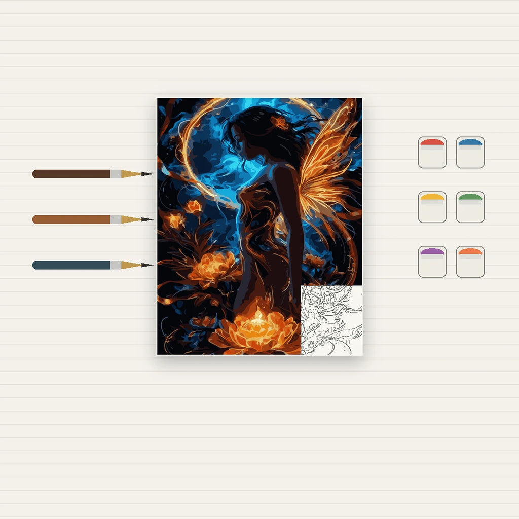 Complete Fire and Water Fairy with Golden Wings numbered canvas being painted with acrylic paints and brushes