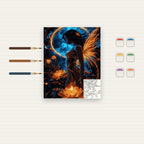 Complete Fire and Water Fairy with Golden Wings numbered canvas being painted with acrylic paints and brushes
