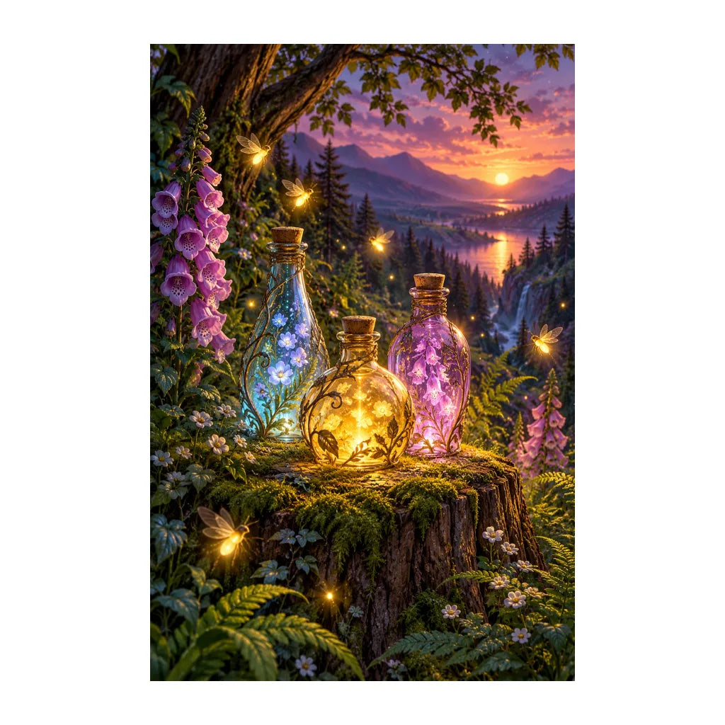White-background original artwork of firefly potion garden