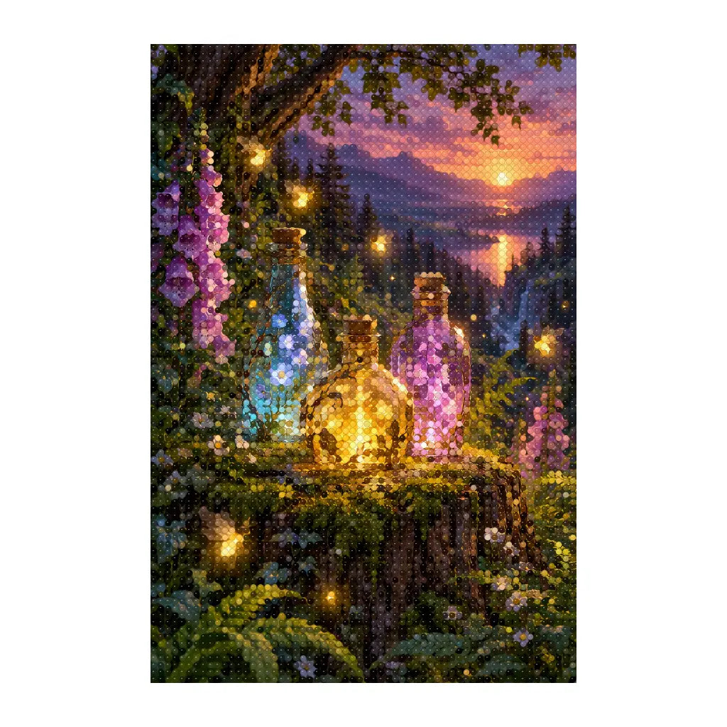 White-background finished diamond painting of firefly potion garden