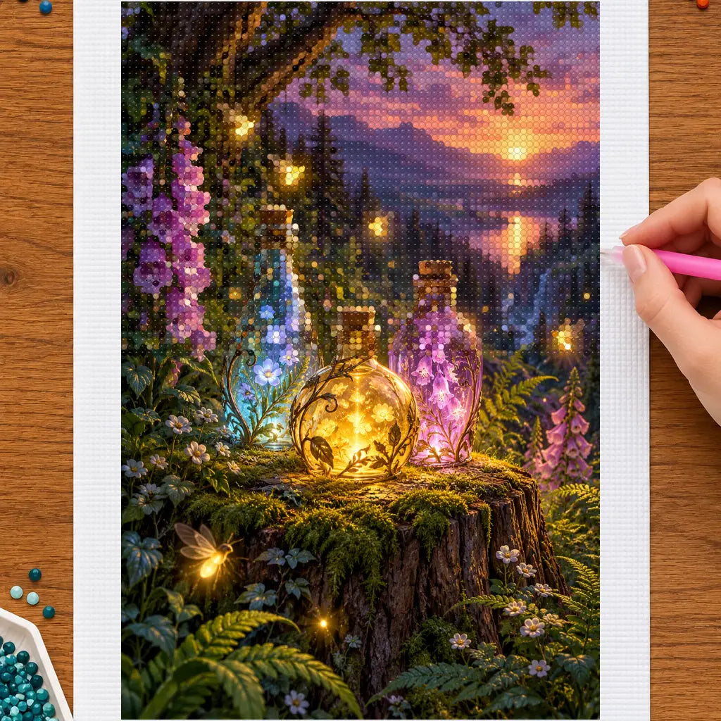 Hands placing drills on the firefly potion garden diamond painting canvas