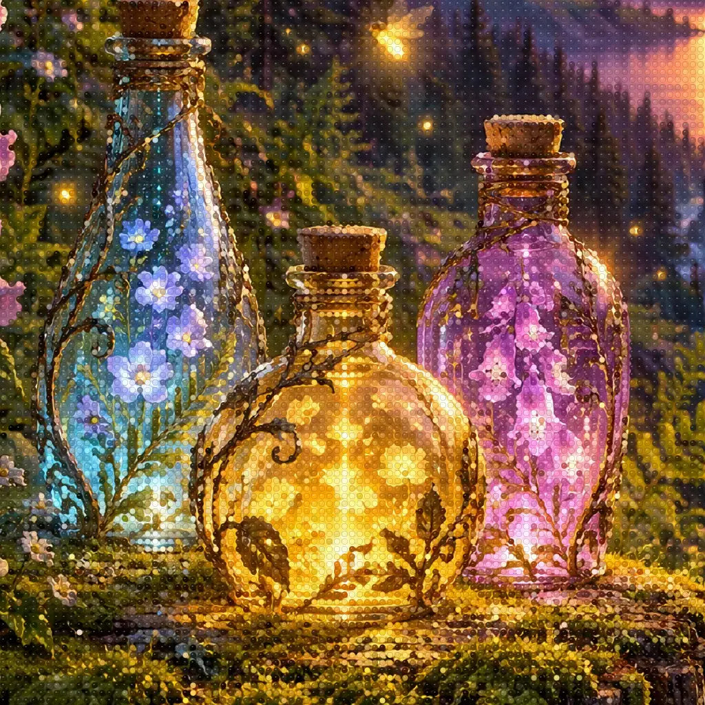 Close-up diamond detail of the firefly potion garden diamond painting
