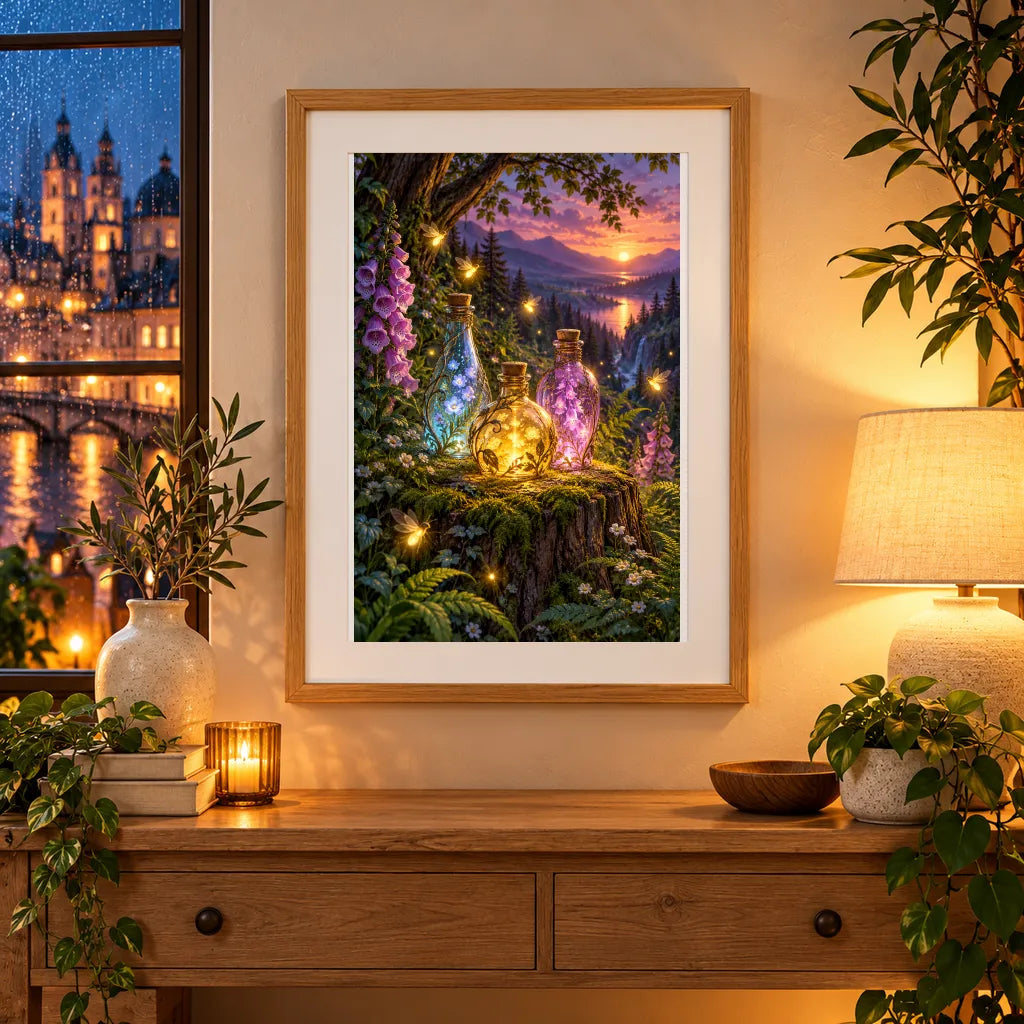 Framed home display of the firefly potion garden diamond painting