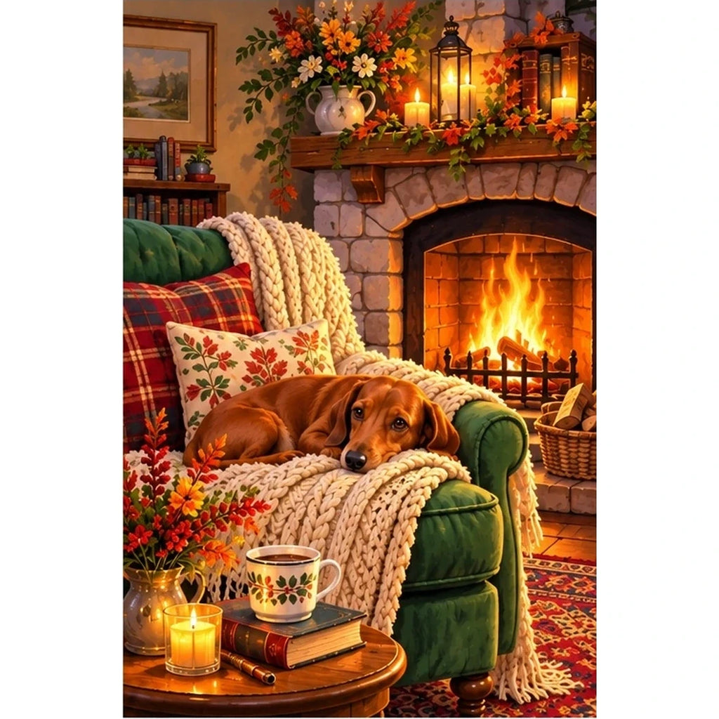 Fireplace Reading Chair Autumn — original artwork on a clean white background