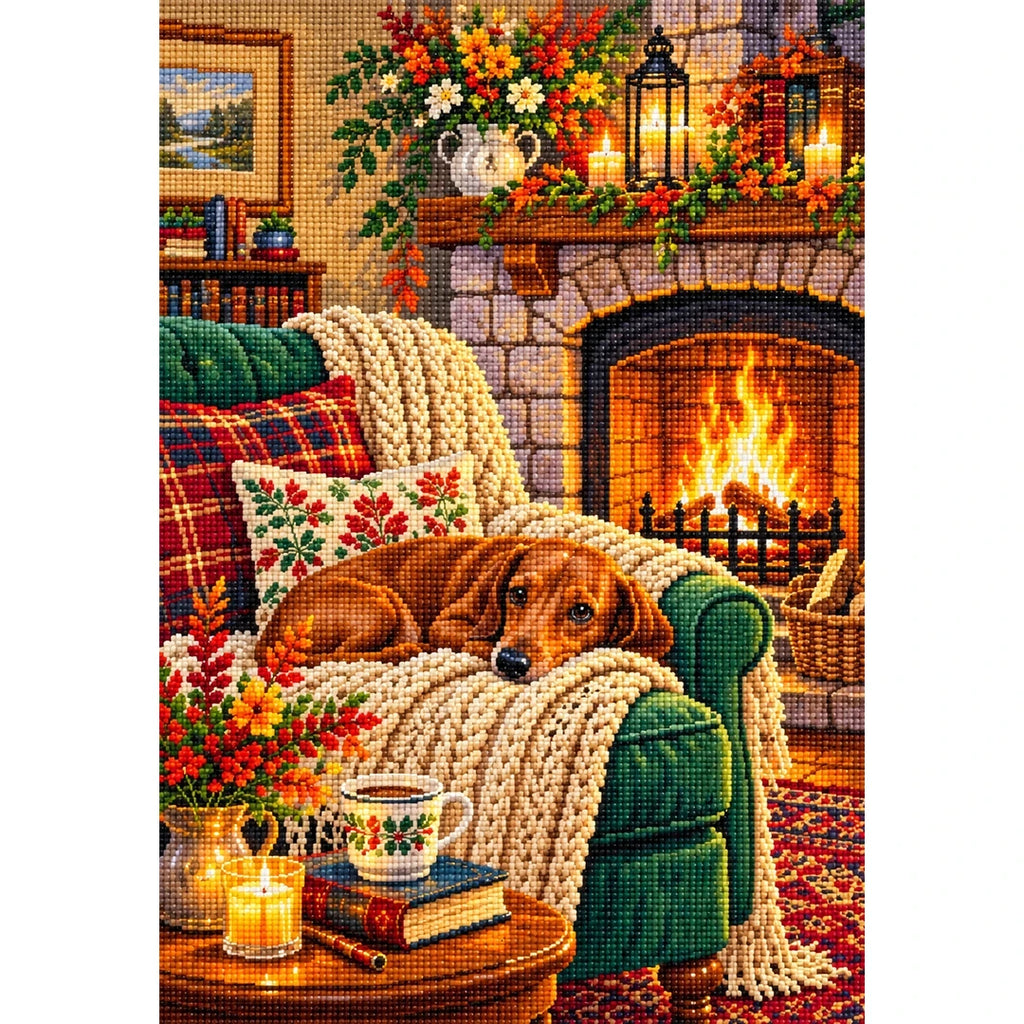 Fireplace Reading Chair Autumn — finished diamond painting on a white background