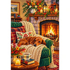 Fireplace Reading Chair Autumn — finished diamond painting on a white background