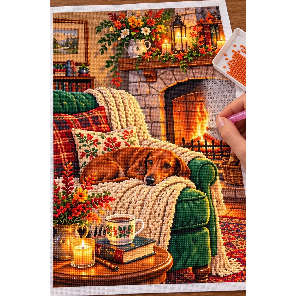 Fireplace Reading Chair Autumn — diamond painting process with applicator pen