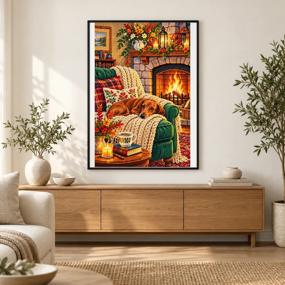 Fireplace Reading Chair Autumn — finished diamond painting displayed in a home interior