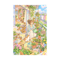 White-background original artwork of a young woman relaxing among flowering plants on her sunny apartment balcony for a diamond painting kit
