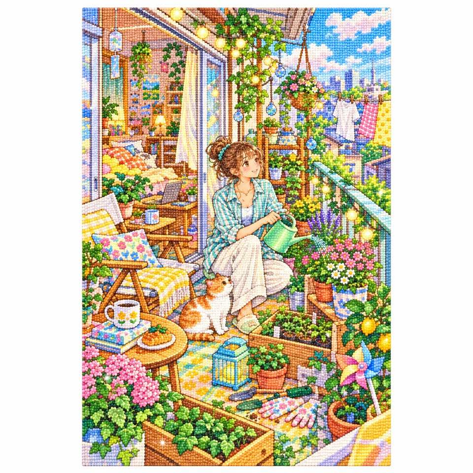 White-background finished diamond painting of a young woman relaxing among flowering plants on her sunny apartment balcony with sparkling drills
