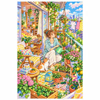 White-background finished diamond painting of a young woman relaxing among flowering plants on her sunny apartment balcony with sparkling drills