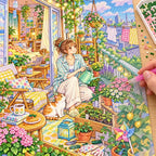 Diamond painting process showing a young woman relaxing among flowering plants on her sunny apartment balcony being completed with a stylus