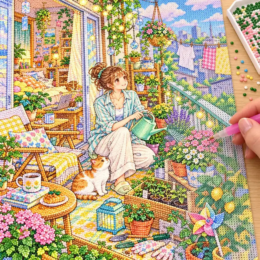 Diamond painting process showing a young woman relaxing among flowering plants on her sunny apartment balcony being completed with a stylus