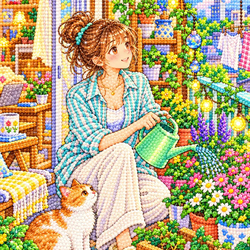 Close-up diamond drill detail of a young woman relaxing among flowering plants on her sunny apartment balcony artwork