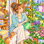 Close-up diamond drill detail of a young woman relaxing among flowering plants on her sunny apartment balcony artwork