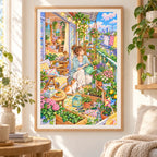 Framed a young woman relaxing among flowering plants on her sunny apartment balcony diamond painting displayed as home decor