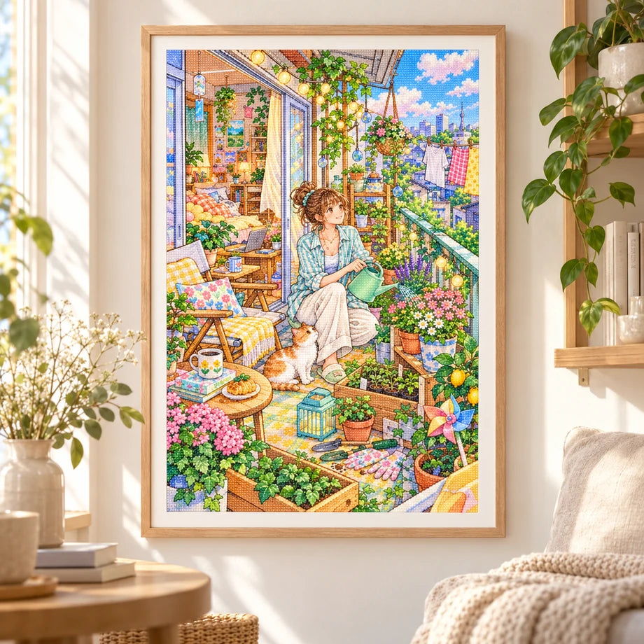 Framed a young woman relaxing among flowering plants on her sunny apartment balcony diamond painting displayed as home decor