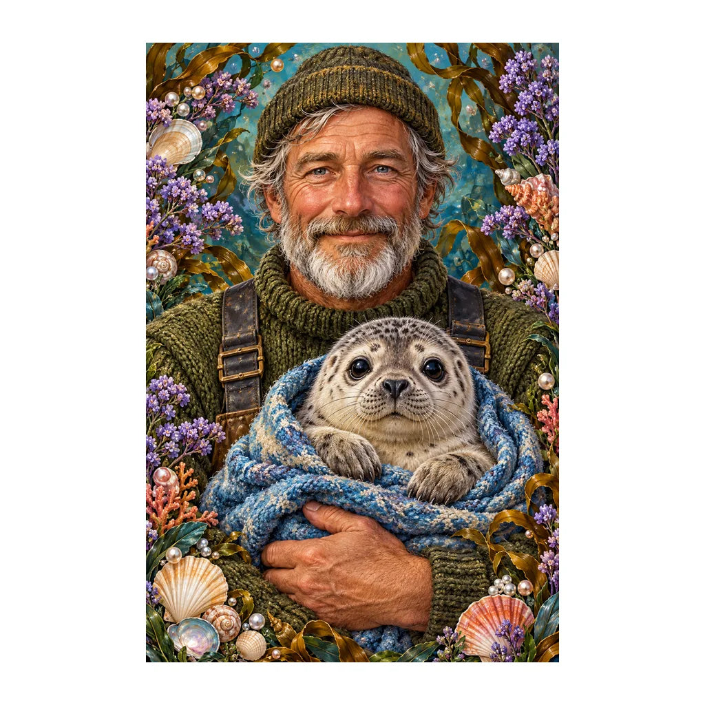 Original white-background artwork of Fisherman and Seal Pup