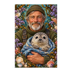 Original white-background artwork of Fisherman and Seal Pup