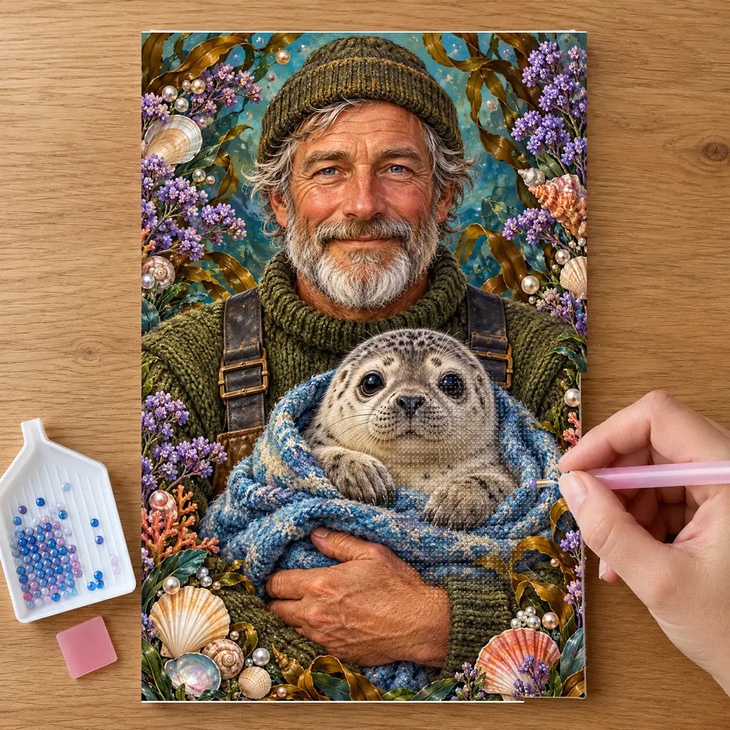 Hands placing drills on the Fisherman and Seal Pup diamond painting canvas