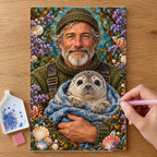 Hands placing drills on the Fisherman and Seal Pup diamond painting canvas