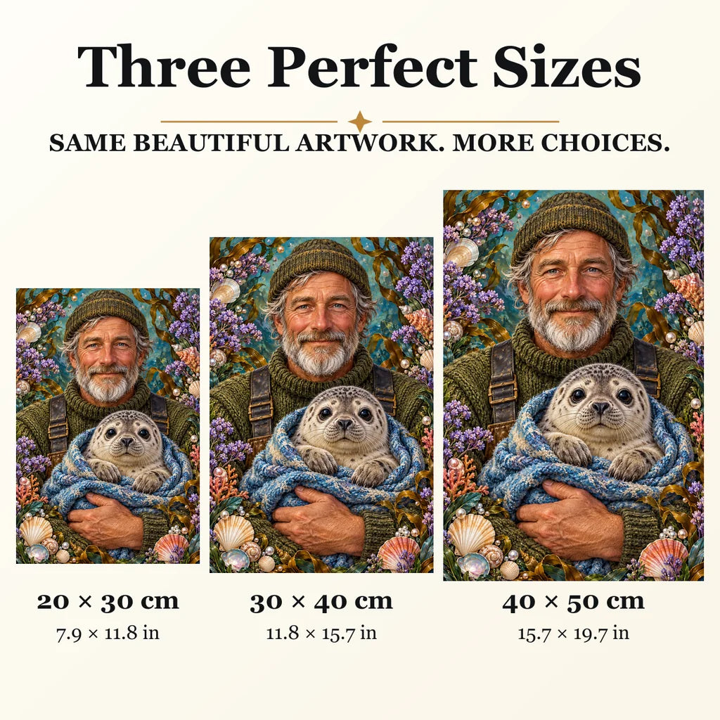 Fisherman and Seal Pup diamond painting in 20 by 30, 30 by 40, and 40 by 50 centimeter sizes