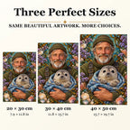 Fisherman and Seal Pup diamond painting in 20 by 30, 30 by 40, and 40 by 50 centimeter sizes