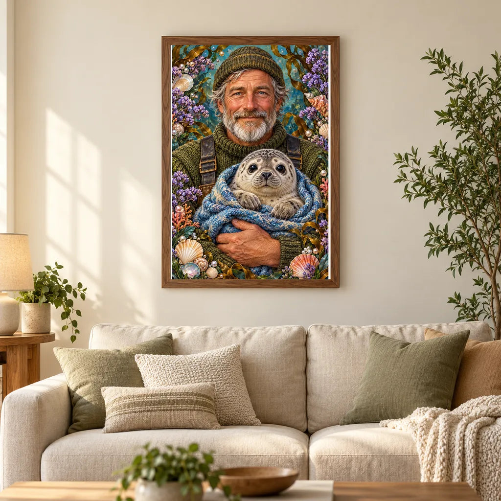 Framed Fisherman and Seal Pup diamond painting displayed in a home interior
