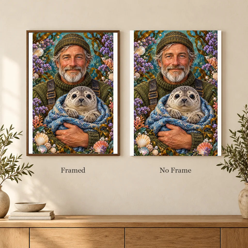 Framed and no-frame options for the Fisherman and Seal Pup diamond painting