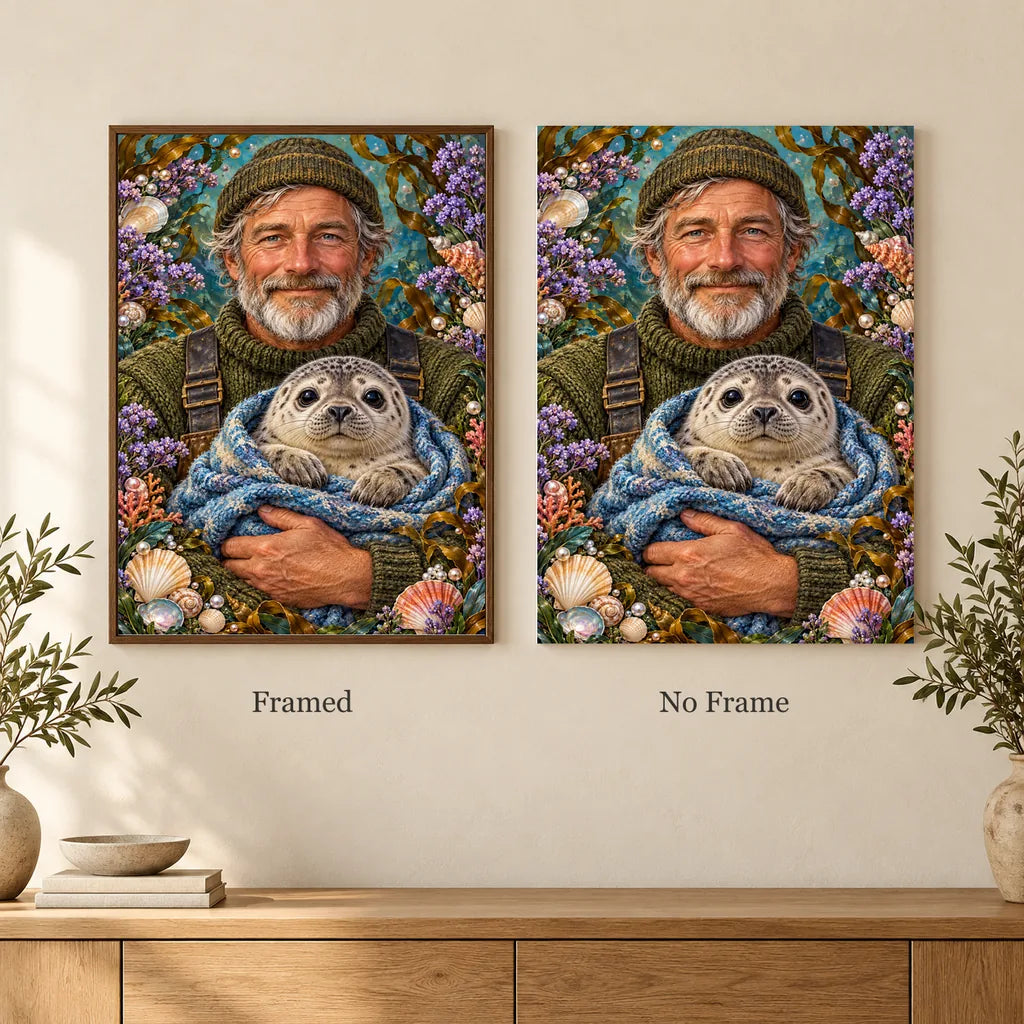 Framed and no-frame options for the Fisherman and Seal Pup diamond painting