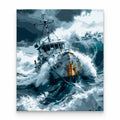 Fishing Boat in Stormy Seas paint by numbers artwork on a front-facing canvas against a white background