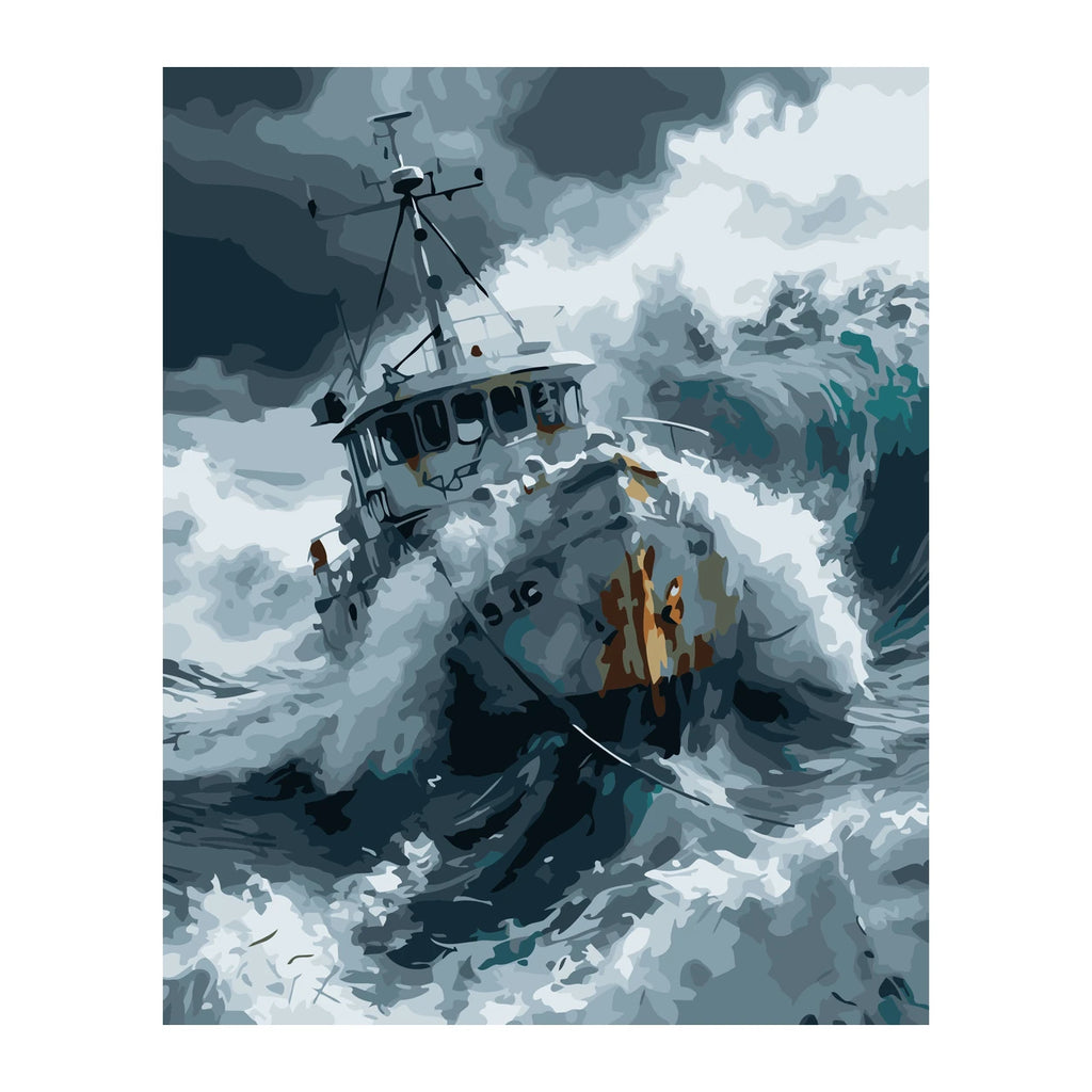 Fishing Boat in Stormy Seas completed artwork on a clean white background