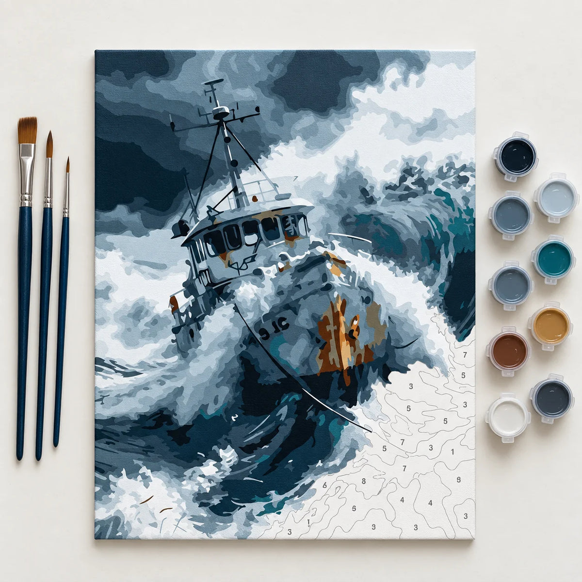 Complete Fishing Boat in Stormy Seas numbered canvas being painted with acrylic paints and brushes