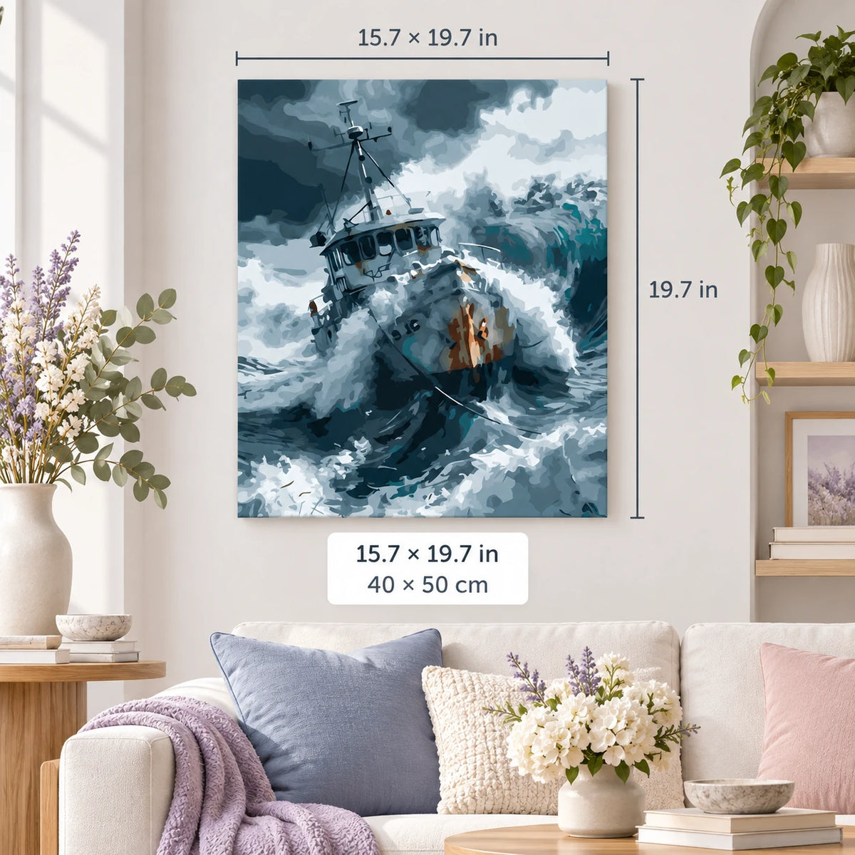 Fishing Boat in Stormy Seas shown in a styled room with 15.7 × 19.7 in and 40 × 50 cm dimensions