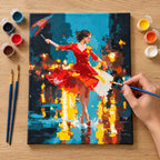 Complete Flamenco Dancer Reflections numbered canvas being painted with acrylic paints and brushes