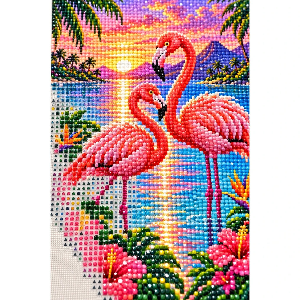 Flamingos Pink Lagoon Sunrise Diamond Painting Kit — canvas and drill material detail