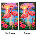 Flamingos Pink Lagoon Sunrise Diamond Painting Kit — No Frame and Framed style comparison
