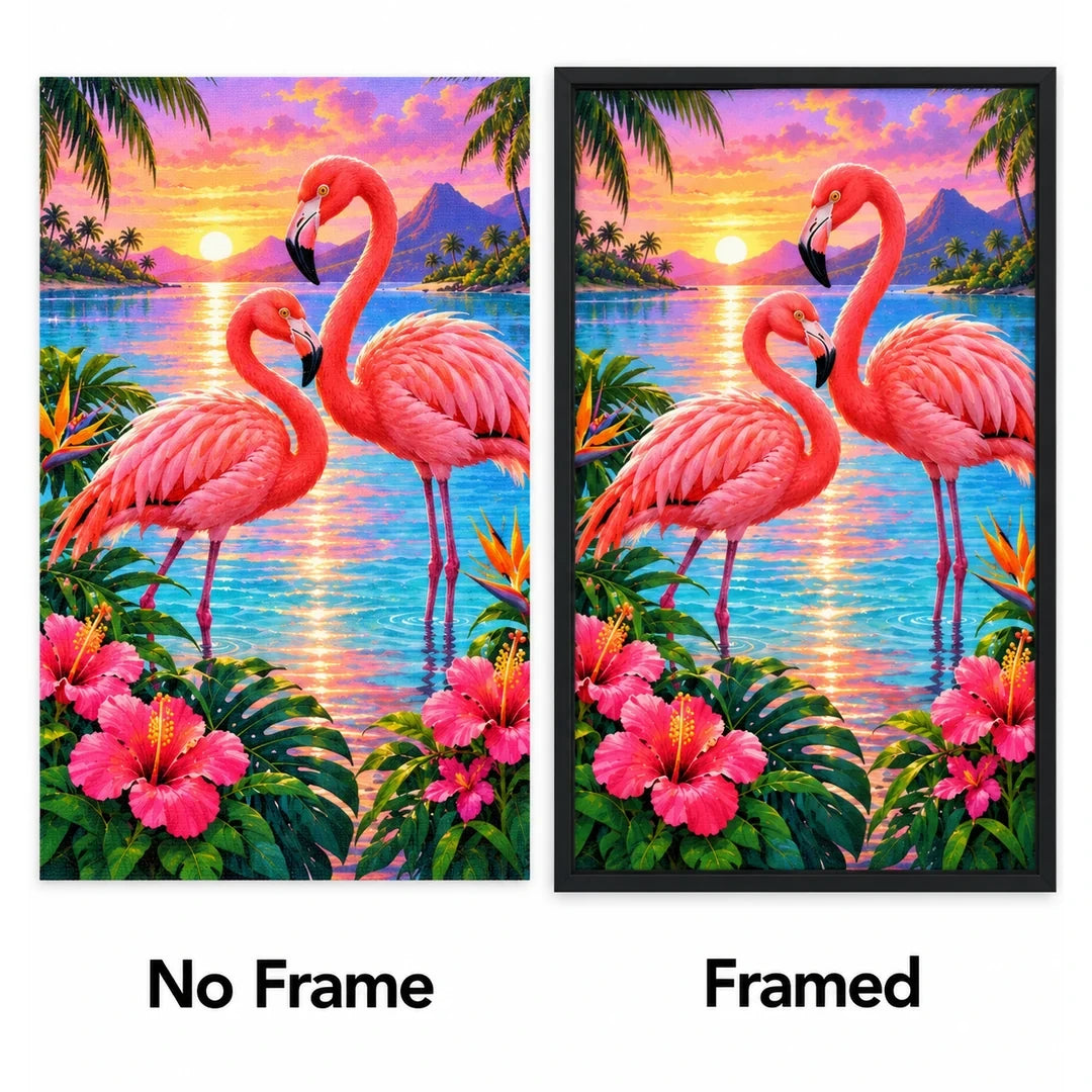 Flamingos Pink Lagoon Sunrise Diamond Painting Kit — No Frame and Framed style comparison
