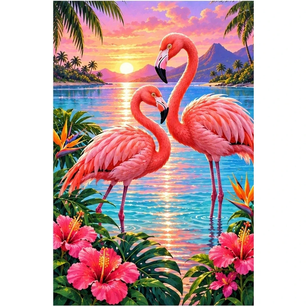 Flamingos Pink Lagoon Sunrise Diamond Painting Kit — original white-background artwork